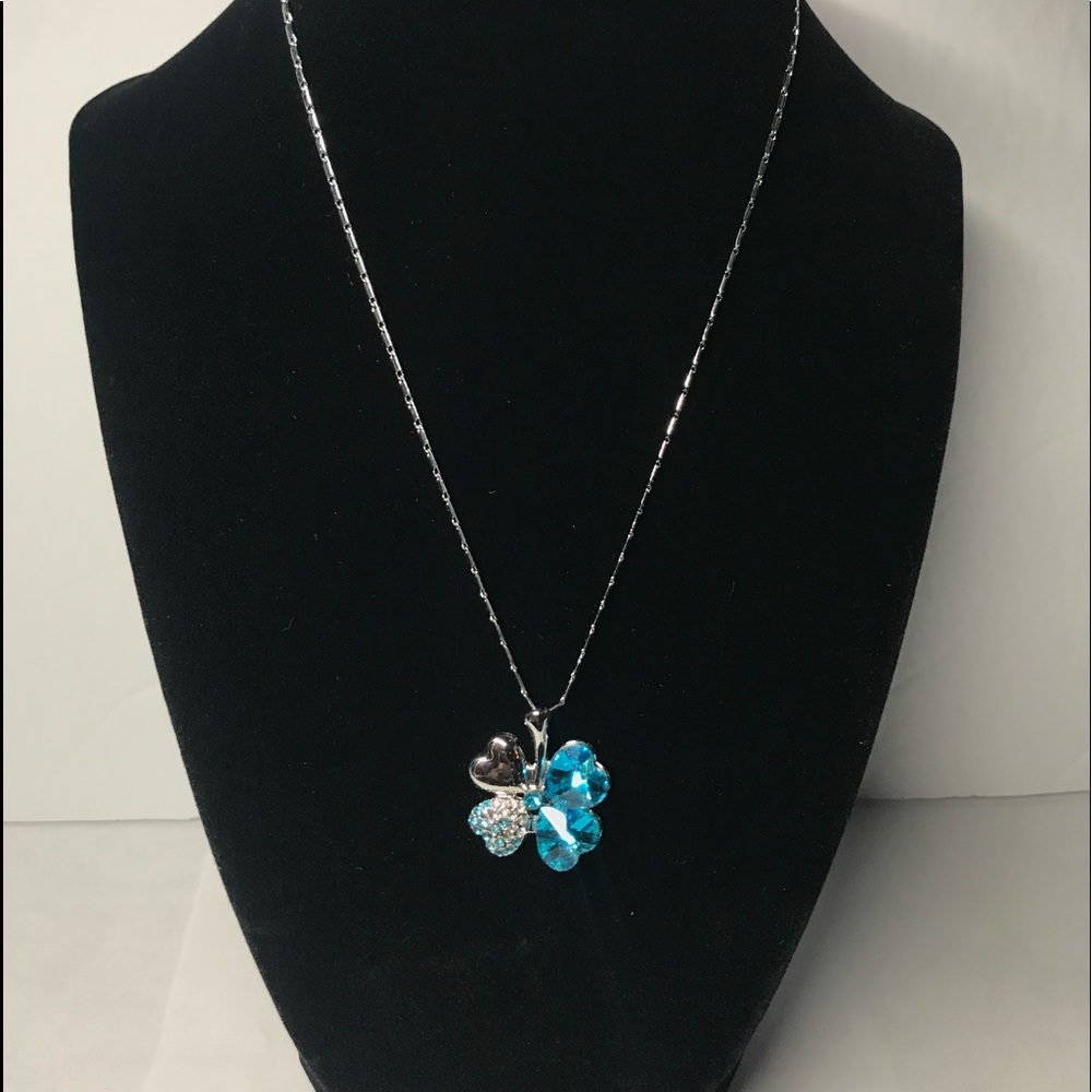 Aqua Blue 4 Leaf Clover Shamrock Heart Necklace